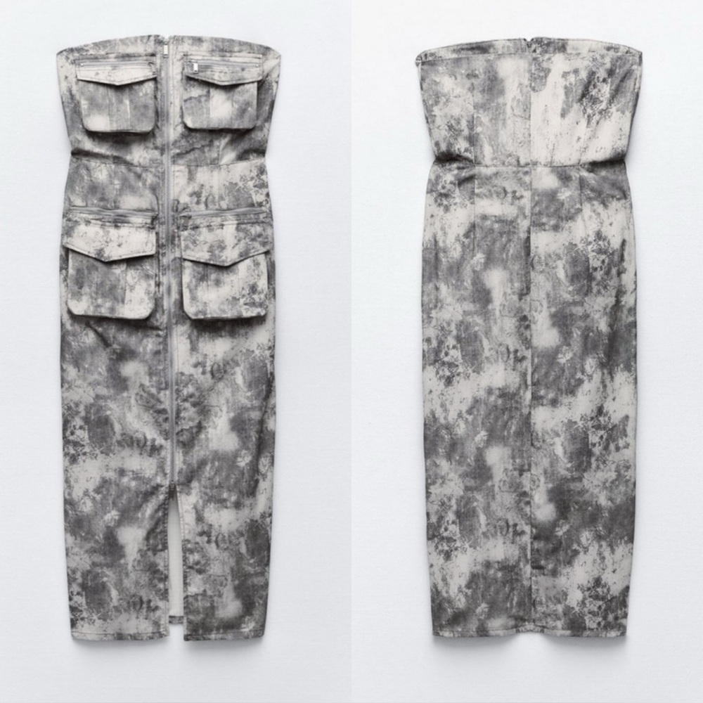 NWT ZARA 100% Cotton Strapless Printed Cargo Midi Dress Gray 2674/248